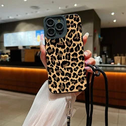 Brown Leopard Lanyard Strap Phone Case For iPhone 15 Pro Max 15 14 13 12 11 Pro X XS XR 7 8 Plus SE 2020 Silicone Soft Cover