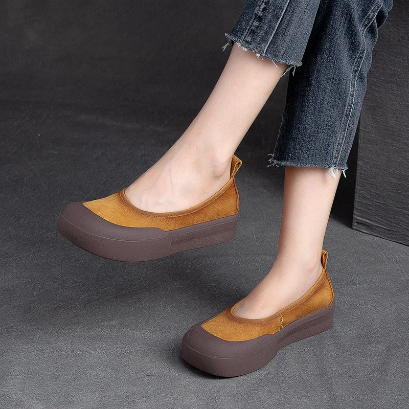 DRKANOL New Design Literary Style Women Slip-On Loafers Shallow Genuine Leather Flat Platform Shoes Handmade Retro Casual Shoes