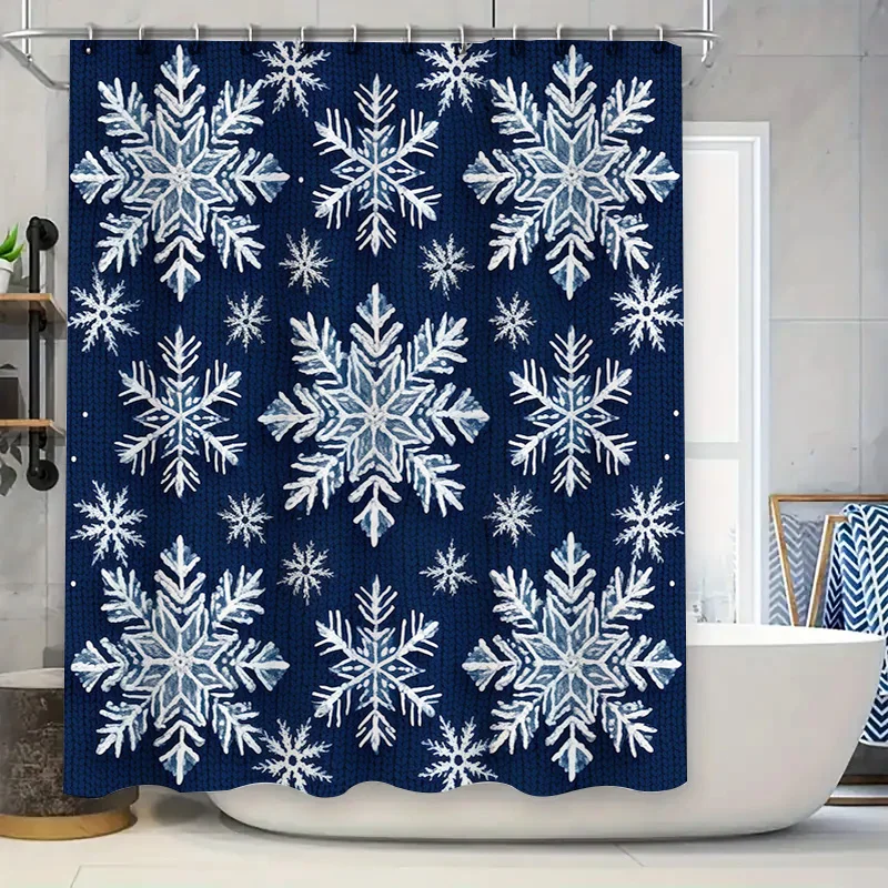 

Зимний декор для занавески для душа, ткань с принтом снежинки, водонепроницаемая подвесная крышка для ванной комнаты, темно-синий, белый цвет, узор для домашнего декора