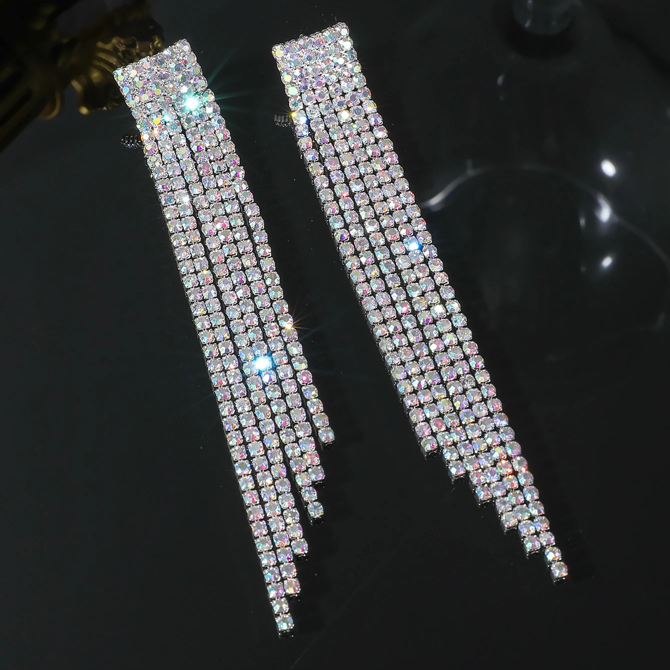 BLIJERY Sparkly multicolor rhinestone tassels long drop dangle earring ladies crystal wedding earrings for women party gift