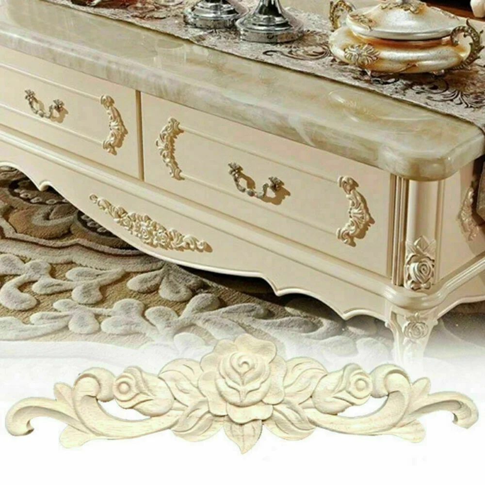 

20x5cm Woodcarving Decal Corner Applique Frame Door Wall Furniture Appliques Decorative Flower Figurines Rubber Wood Miniature