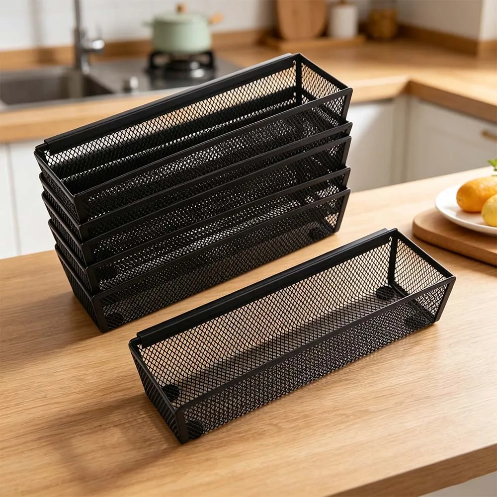 

6 Pieces Mesh Drawer Cutlery Tray Ventilated Rectangular Silverware Organizer Metal Black Kitchen Utensil Storage Box Bathroom