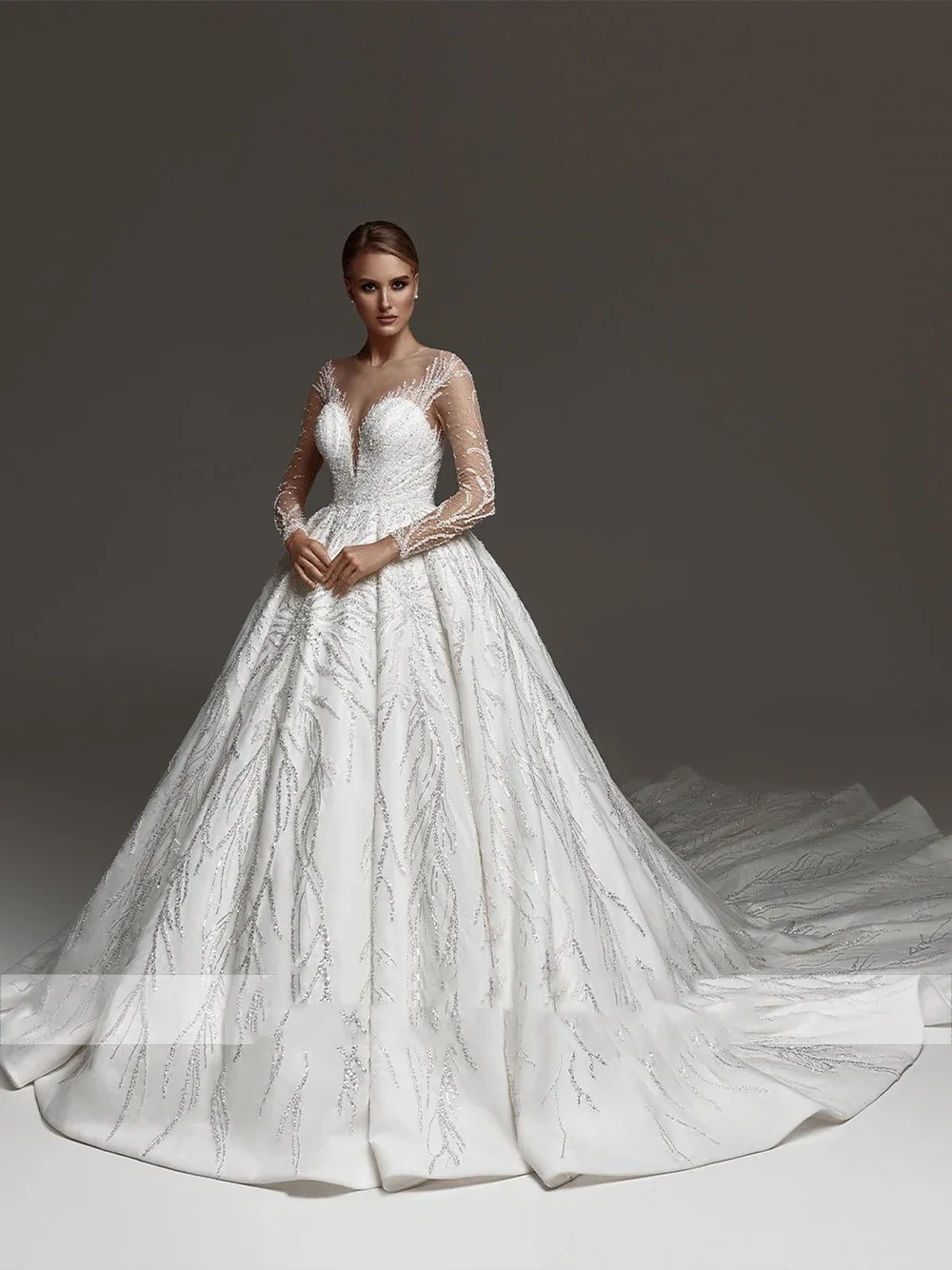 

Flavinke Customized Shiny Beaded Appliques Decoration Luxury Ball Gown Wedding Dresses 2025 With Scoop Full Sleeves Bridal Gowns