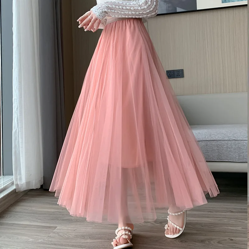 Spring Summer Vintage Tulle Skirt Women Elastic High Waist Mesh Skirts Long Pleated Tutu Skirt Female Jupe Longue 5731