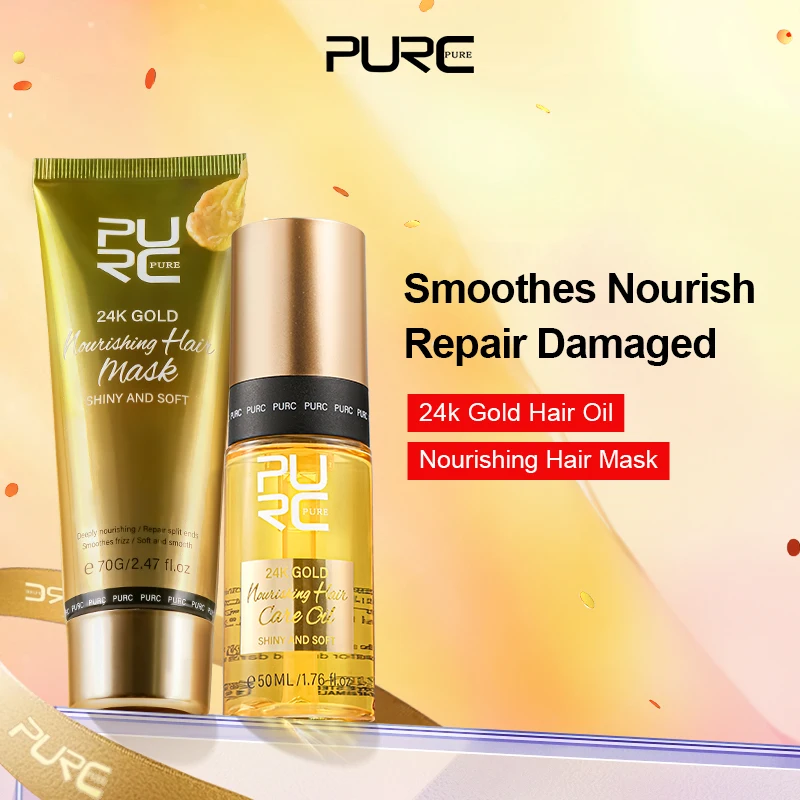 

PURC Hair Care Oil & 24K Gold Hair Mask Set Nourishing Smoothing Repair Damaged Frizz Dry Keratin Hair Masks Treatment Products