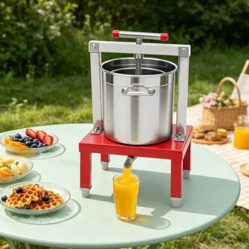Fruit Press 13.25L Stainless Steel Apple Cider Press with Strainer Barrels and T Handle Manual Grape Apple Press and