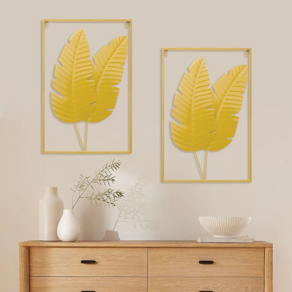 

2PCS Wall Decorations Gold Iron Leaf Wall Hanging Home Decor w/Frame Wall Decor