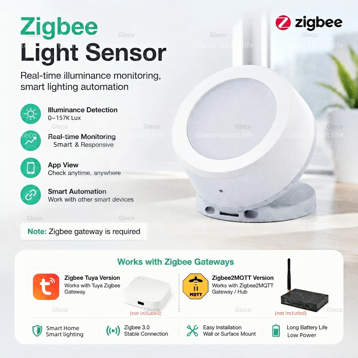 ZigBee Smart Light Sensor Luminance Illumination Brightness Detector Battery Operated Option Support Zigbee2mqtt Smart Life TUYA