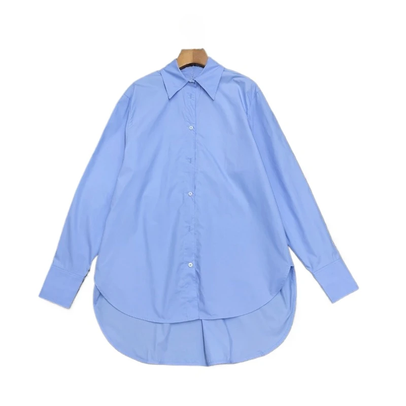 Women Blue Shirt 2024 Autumn New Style Loose Crisp Cotton Long-sleeved Tops