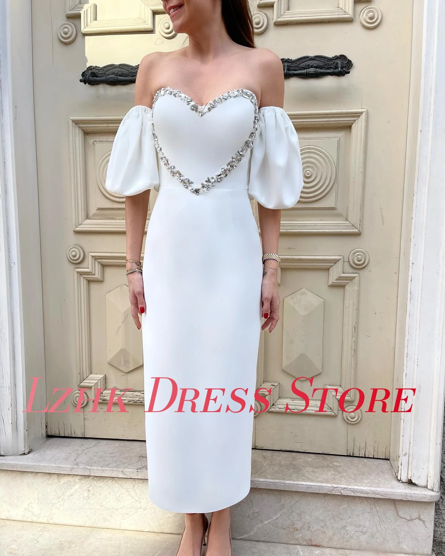 تخصيص جيرسي رائعة مستقيم قبالة الكتف كريستال مطرزة مساء اللباس مثير قصيرة الأكمام Fساتين Shret