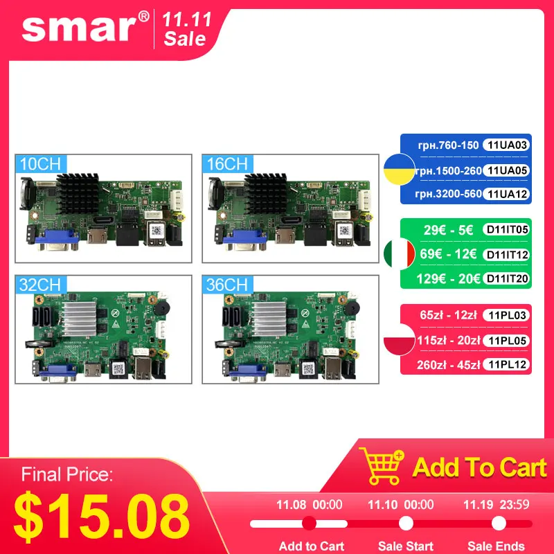 

Smar CCTV 9CH 10CH 16CH 32CH 4K NVR Motherboard H.265+Network Video Recorder For 5MP 8MP IP Camera Support Face Detection ONVIF
