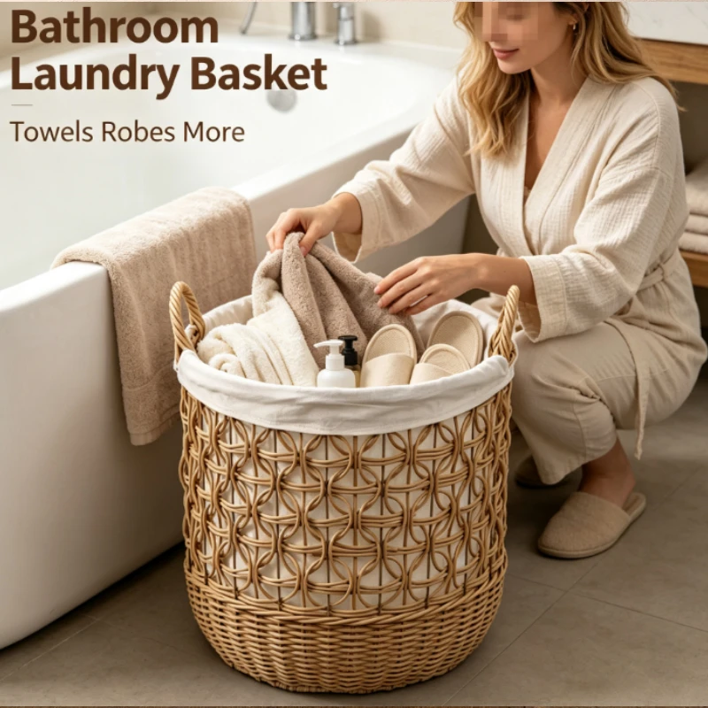Woven Laundry Basket With Liner Large Capacity Storage Organizer Natural Rattan Design For Bathroom Bedroom Living Room