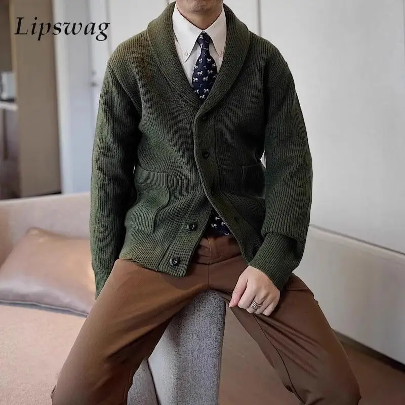 

Fall Winter Casual Sweater Men Knitting Jacket Vintage Turn-down Collar Buttoned Knit Coat For Mens Fashion Solid Color Sweaters