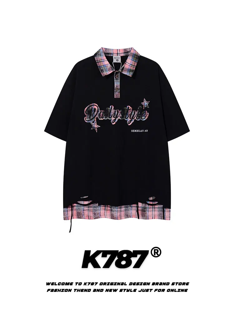 

K787 American Retro Plaid ort Sve irt Men's Casual Embroidered Color Blo T-irt Loose Fit Summer Cool Feeling