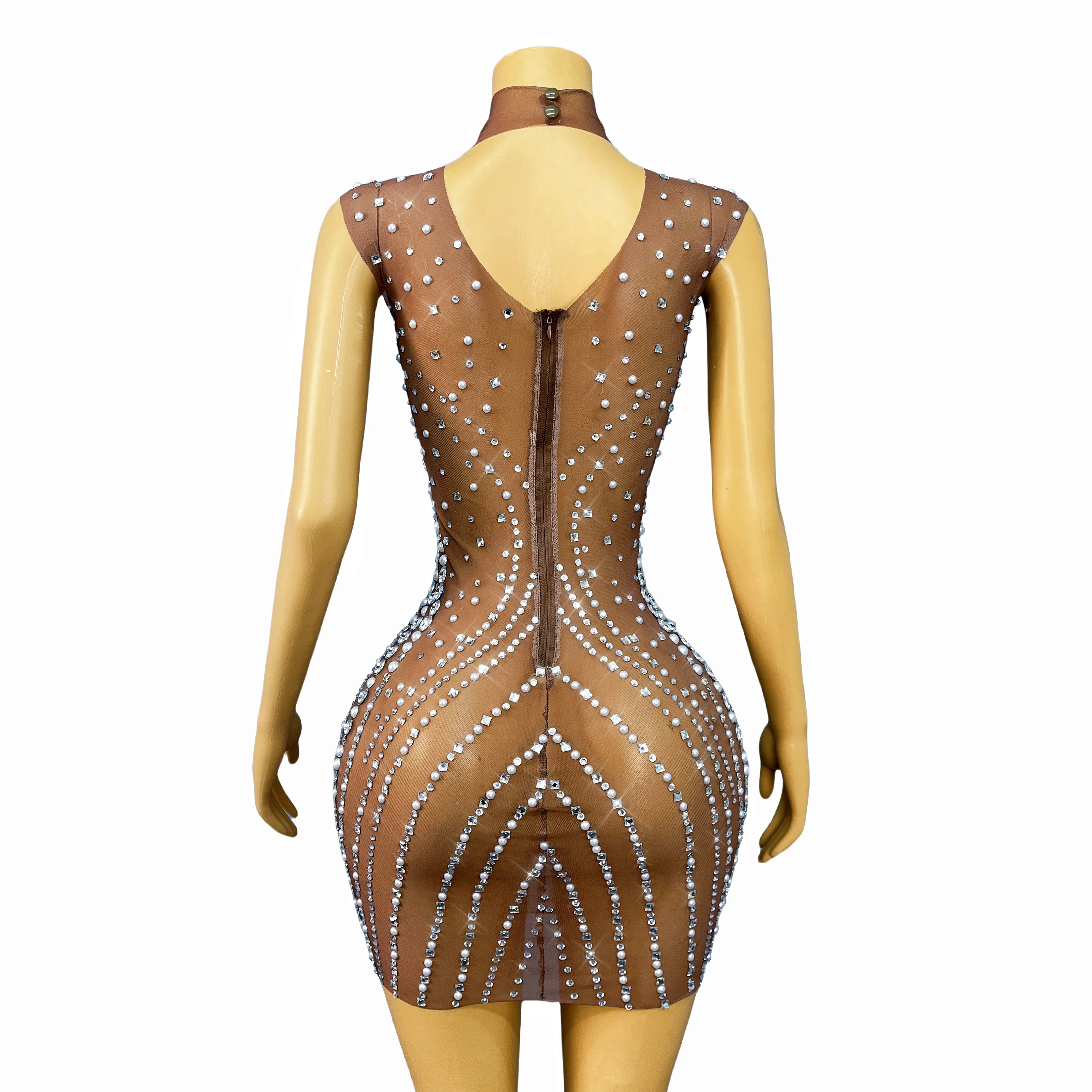 Nobleness Glänzende Perlen Strass Sexy Nude Mesh Trim fit Kleid Cocktail Party Abend Outfit Modenschau Kostüm Zhenzhuwang