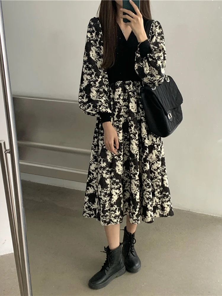 Elegant Knitted Dresses For Women Long Sleeve Sweater Autumn Winter Vintage Print Party Female Office Ladyslim Dress Korean 2022