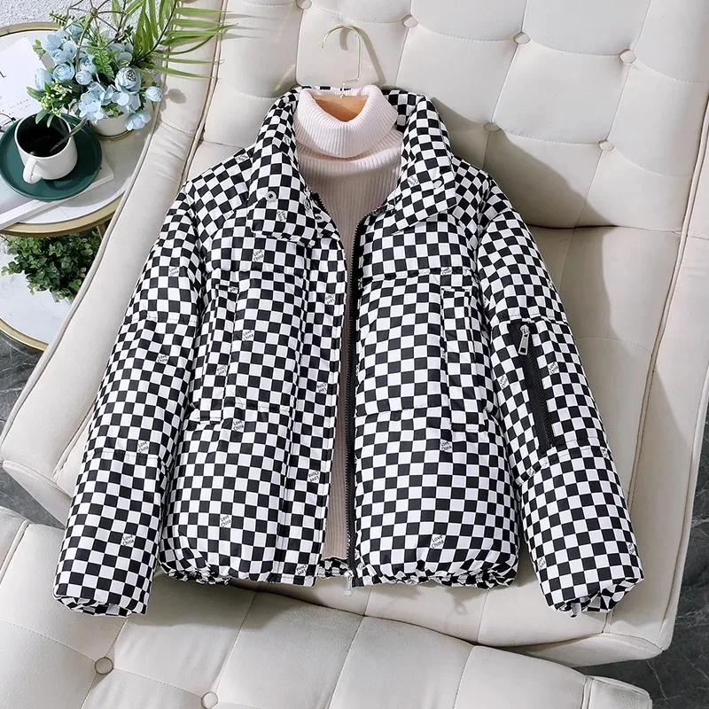 Checkerboard Cotton Coat Women 2023 Autumn Winter Fashion Loose Casual Down Cotton Jacket Female Short Stand Collar Parkas