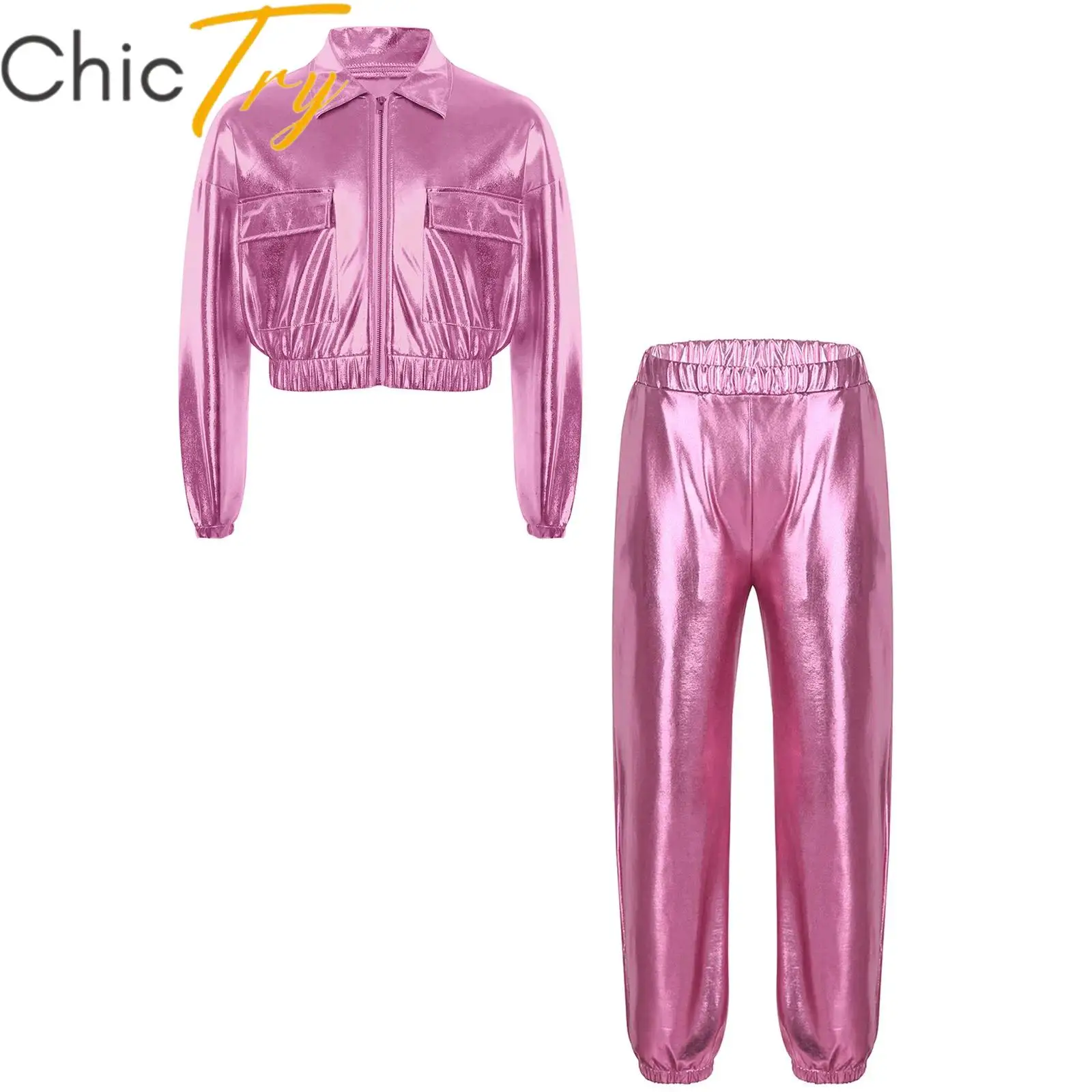 

Kids Boys Girls Hip-Hop Jazz Dance Sets Streetwear Outfits Long Sleeve Jacket Outwear with Metallic Pants for Stage Performance
