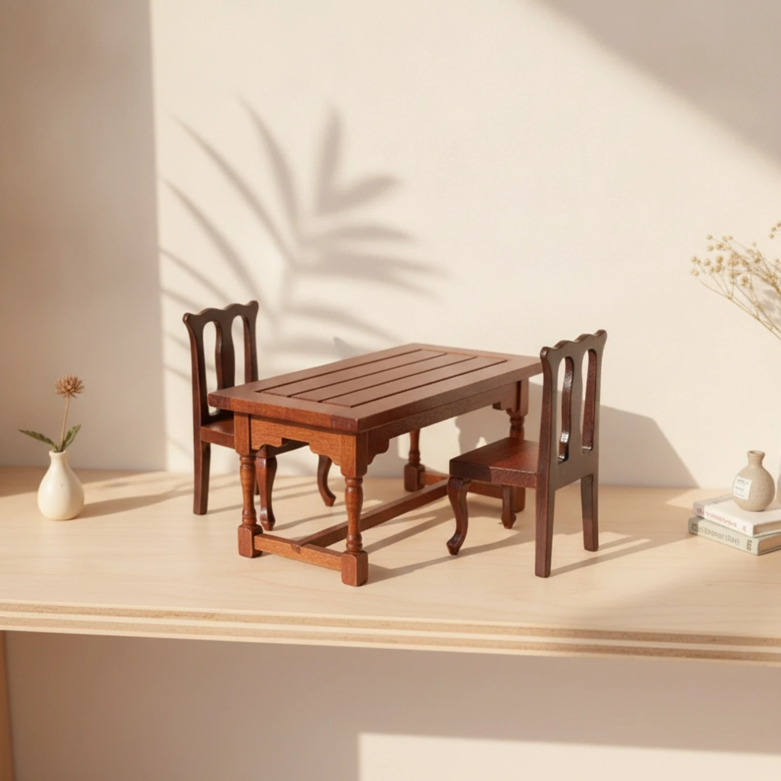 3 Pieces Dollhouse Tea Table with Chairs Traditional Style Dollhouse Table and Chairs Miniature Dining Set Collectible