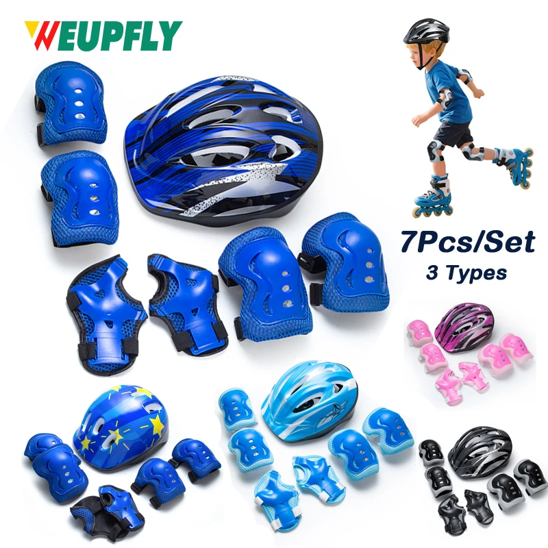 7-teiliges Set Kinder-Schutzausrüstung, Rollschuh-Helm mit Knieschonern, Ellbogenschonern und Handgelenkschützern für Jungen und Mädchen, Skateboard, Roller