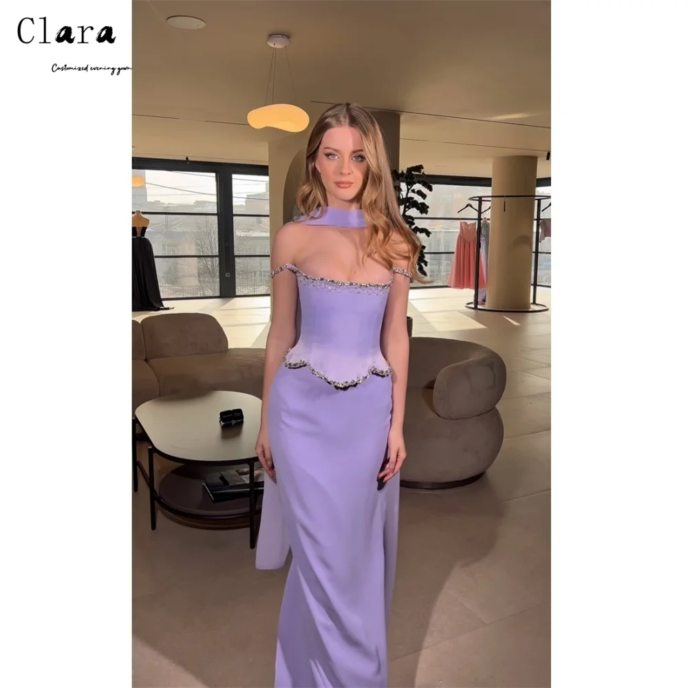 ชุดเดรสยาวคลาสสิคแบบเปิดไหล่ประดับคริสตัลสีม่วงทรงหางปลาสำหรับผู้หญิง  ชุดราตรีออกงานและชุดทางการ