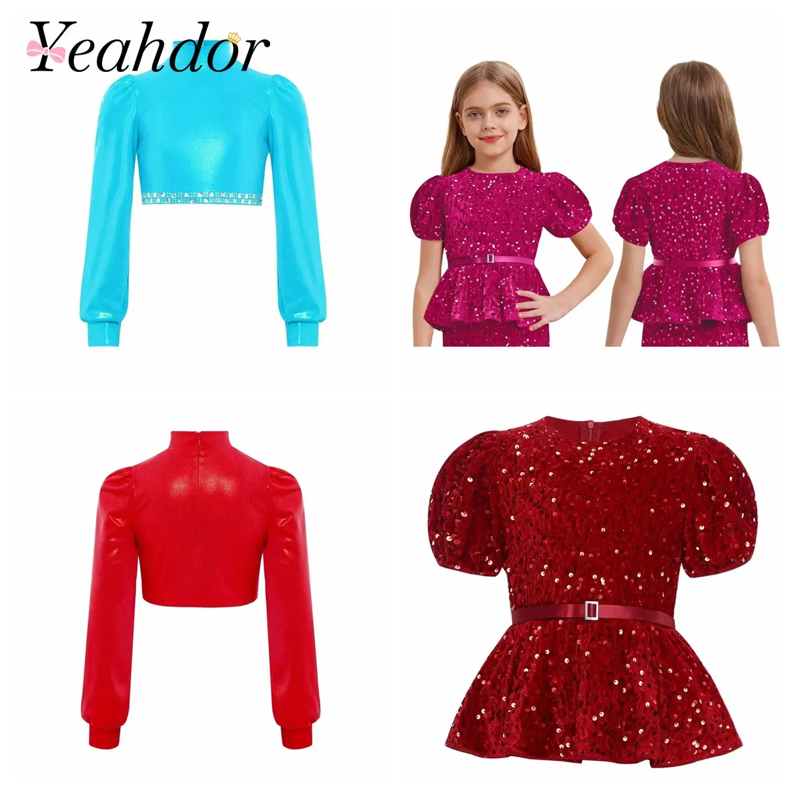 

Kids Fashion Long Sleeves Metallic Crop Top Girls T-shirts Jazz Dance Performance Costume Children's Mock Neck Tops Dancewear