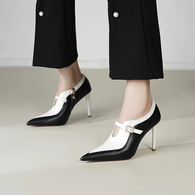 

French Style Buckle Colorblock High Heels Elegant Sexy Pointed Toe Women Shoes Plus-Size Stiletto Niche Deep-Cut Pumps