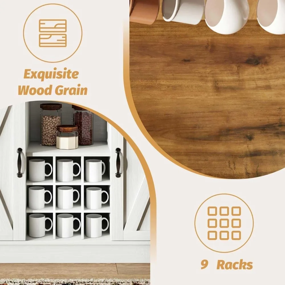 Szafka kawowa w stylu farmhouse z kredensem, bufet kuchenny 47 cali z 9 stojakami na wino i 6 haczykami, bar do kawy.