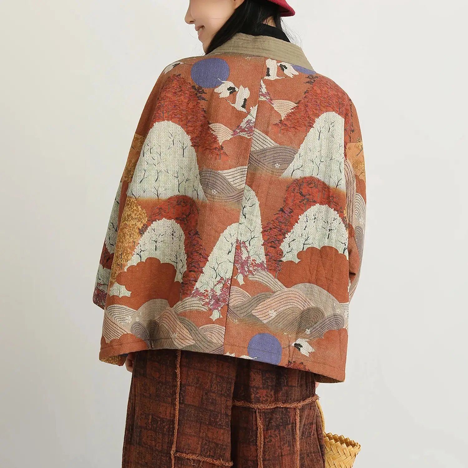 LZJN Women's Autumn/Winter Vintage Literary Print Padded Cotton Coat. Loose-Fit Belted Design with Elegant Tea-Inspired Style