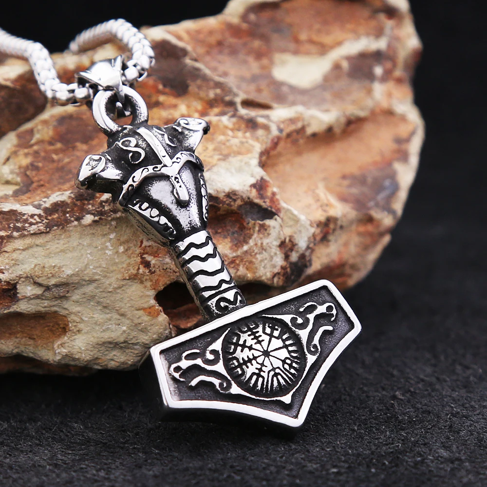 

Viking Thor Hammer Pendant For Men Stainless Steel Nordic Compass Necklace Vintage Animal Amulet Jewelry Gifts Dropshipping