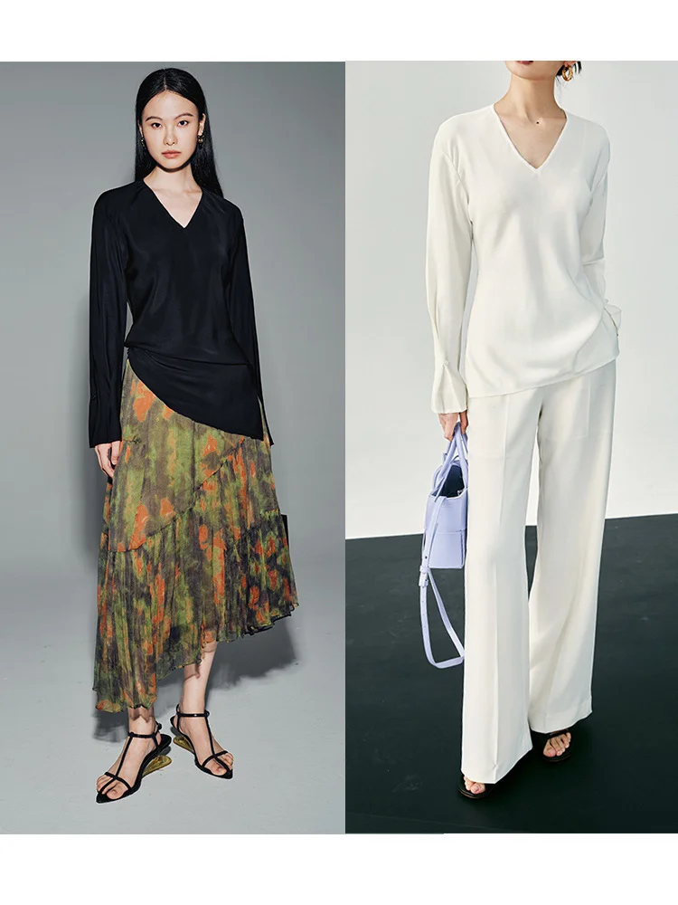 

Шелковая блузка с завышенной талией ROW40 Mummy Sle Commute Simple Eastern Elegance BY0852 Женская блузка с длинным рукавом и V-образным вырезом