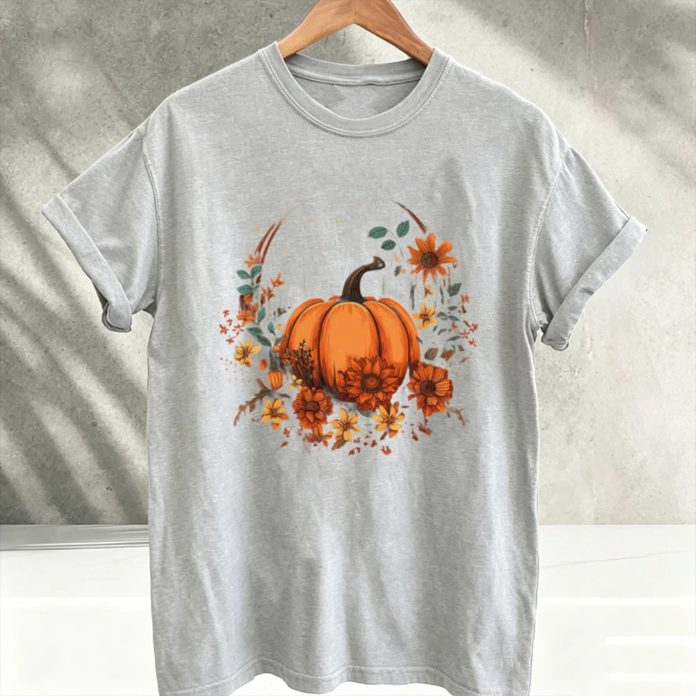Vintage Fall Pumpkin Sunflower Floral Wreath Graphic T‑Shirt Men Autumn Harvest Botanical Art Print Tee Casual Short Sleeve Tops