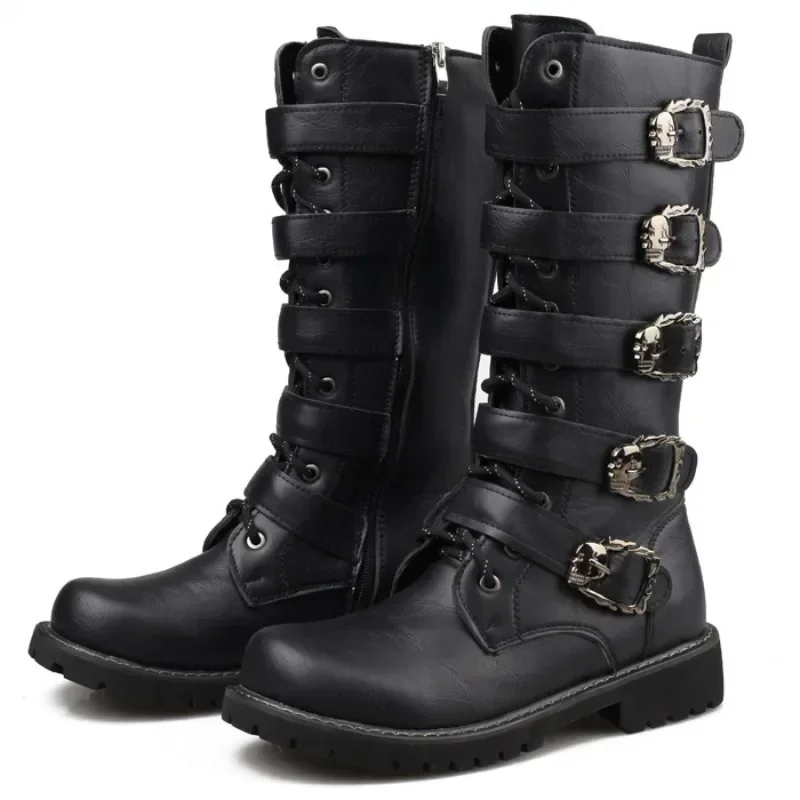 Winter Men Motorcycle Boots 2018 Fashion Mid-Calf Punk Rock Punk Shoes Mens PU Leather Black High top Casual Boot Man