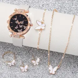 6pcs/set Luxury Watch Women Rings Necklace Earrings Bracelet Set Butterfly Leather Strap Watches Lady Wristwatch No Case