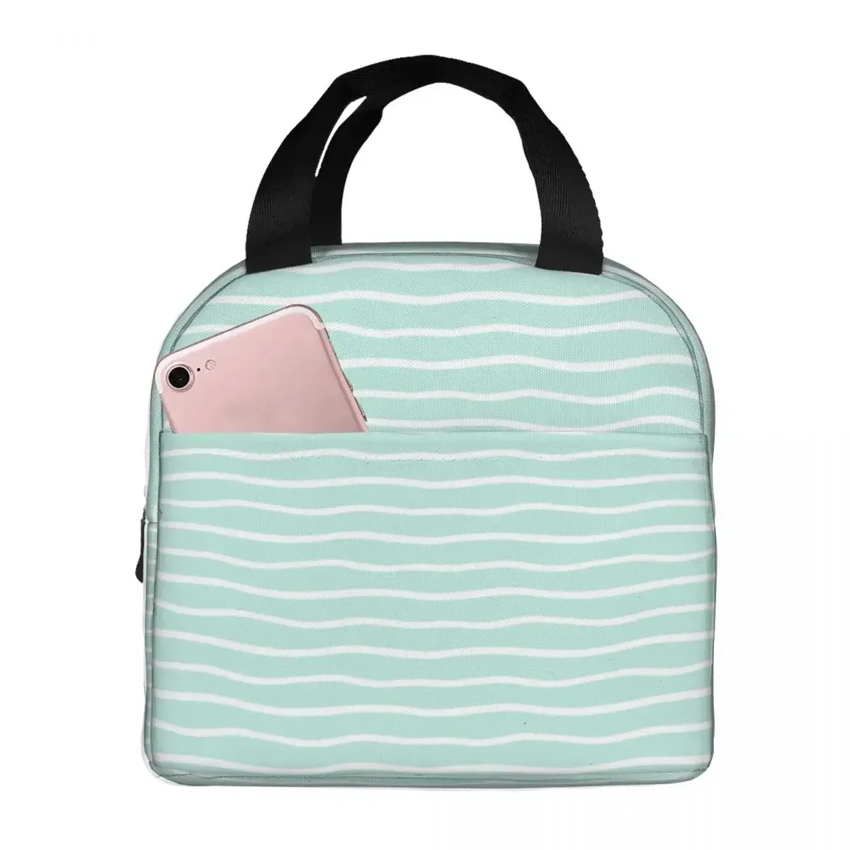 

Green Wavy Stripes Lunch Bag Portable Insulated Oxford Cooler Thermal Cold Food School Lunch Box for Women Kids