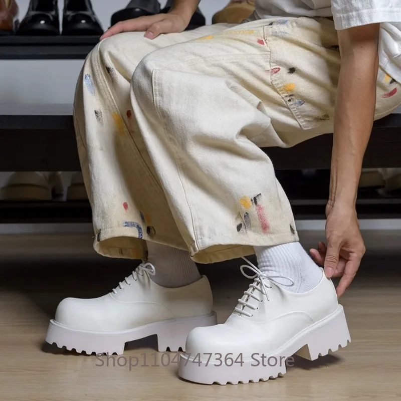 Designer Luxury Cowhide Height Increasing Leather Shoes Men's White Thick Sole Platform Derby Oxfords Male Genuine Leather