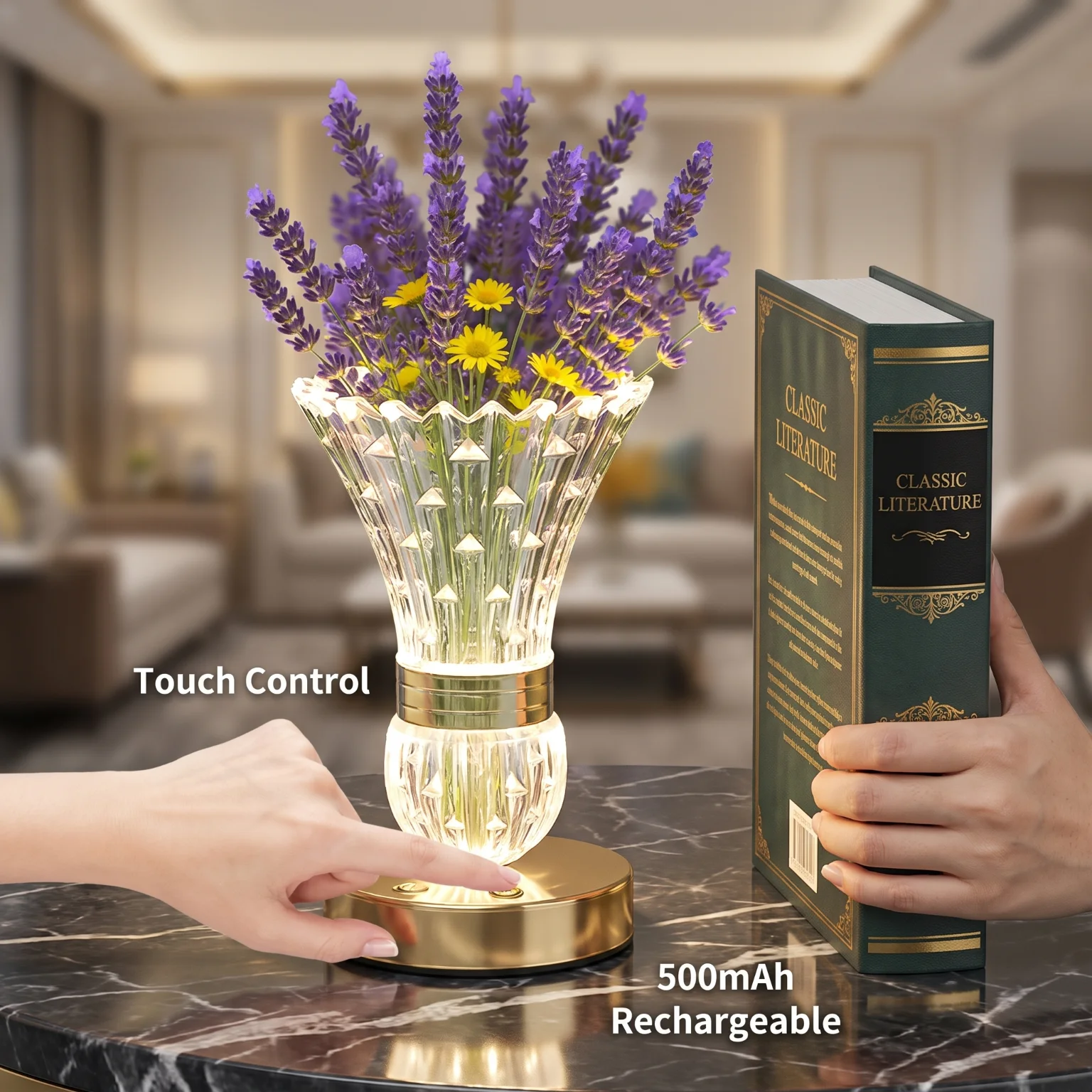 Rechargeable Crystal Vase Shaped Table Lamp 500mAh Battery Touch Control Stepless Dimmable 3 Color Modes White Warm Natural Light Decor Reading Night Lamp for Bedroom Nightstand Study Room Indoor Home Ornament Holiday Birthday Present Gift