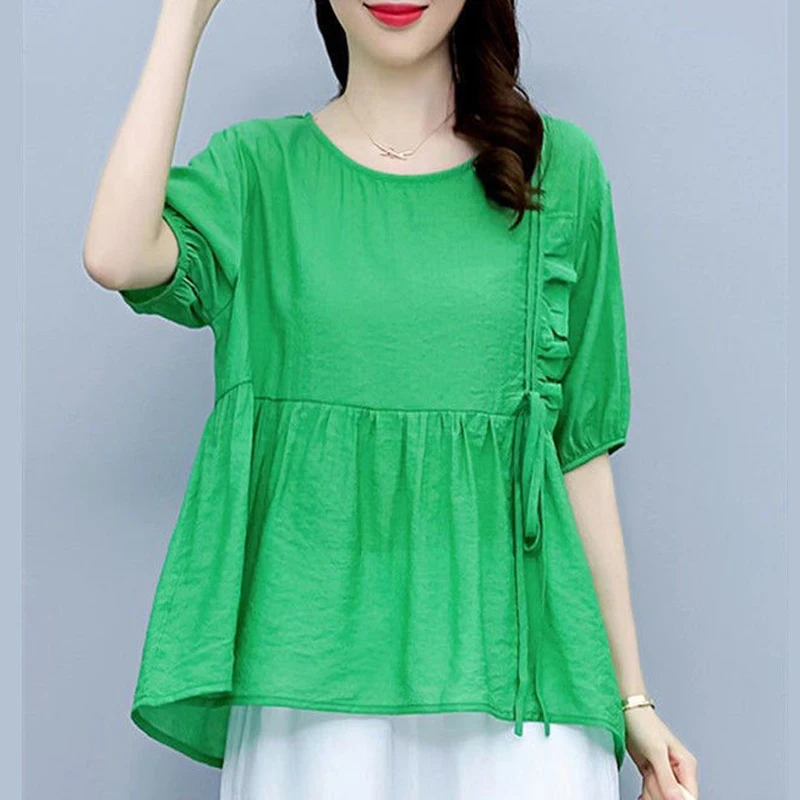 Women\'s Clothing 2023 Summer Korean Ruffles Lace Up Elegant Blouse Casual Round Neck Short Sleeve Shirt Solid Loose Tops Blusas