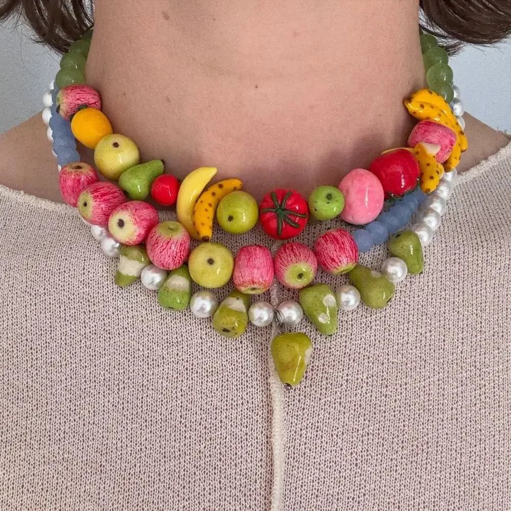 Layered Beads Fruit Necklace Colorful Beads Stackable Necklace Bracelet Set Cherry Geometric Bohemian Collarbone Chain Beach
