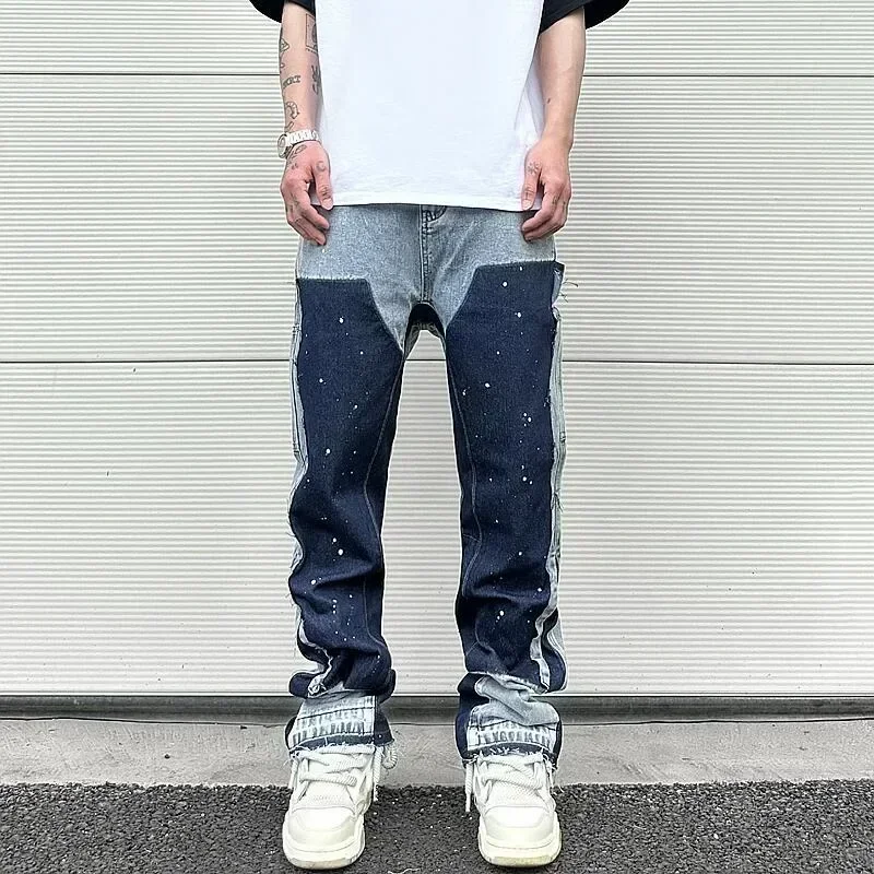 

European / American retro trendy spliced jeans street style American bootcut pants spliced ink splash jeans for male couples