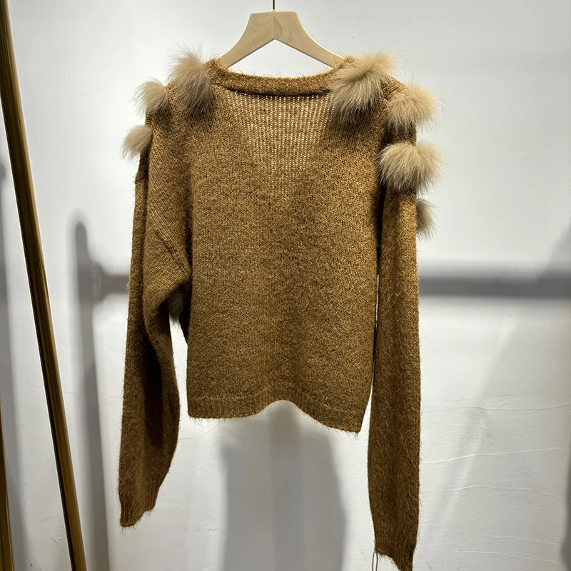 2025 weibliche Kamel Natürliche Fuchs Pelz Außerhalb Dekoration Mädchen Herbst Weiß Pullover Gestrickte Langarm Mantel