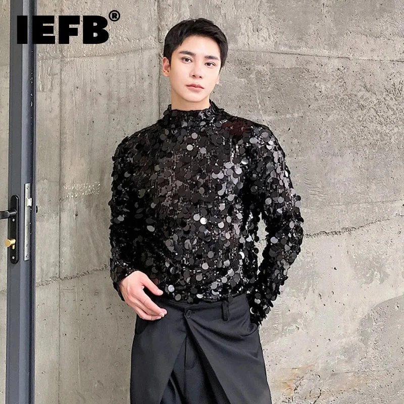 

IEFB Elgance Men's Long Sleeve T-shirts Autumn Trend Sequin Standing Neck Slim Male Tee Fashion Personality Autumn New 9C2612