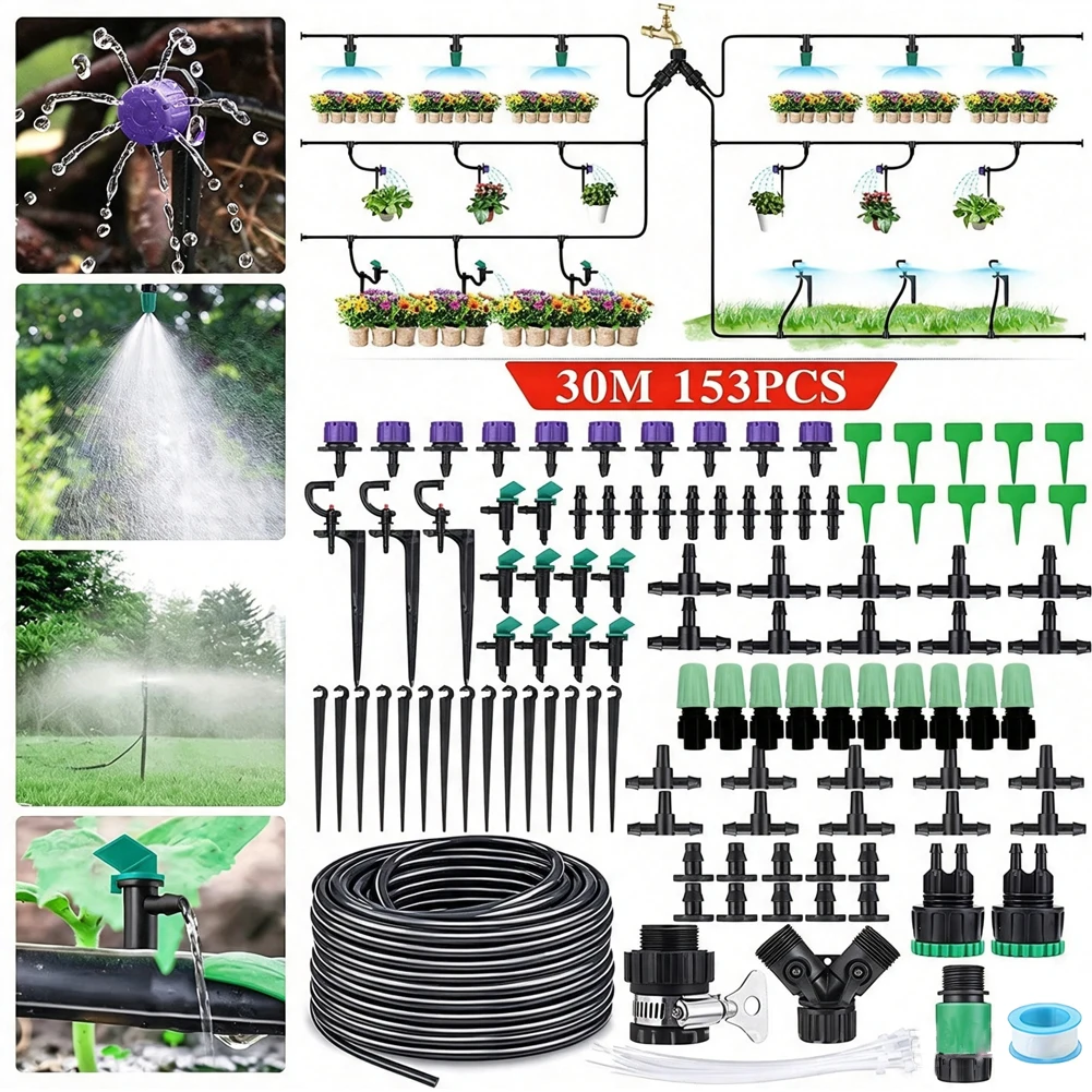 30 Meter Atomizing Spray System with 153 Piece Drip Irrigation Kit for Garden Agricultural and Public Green Areas