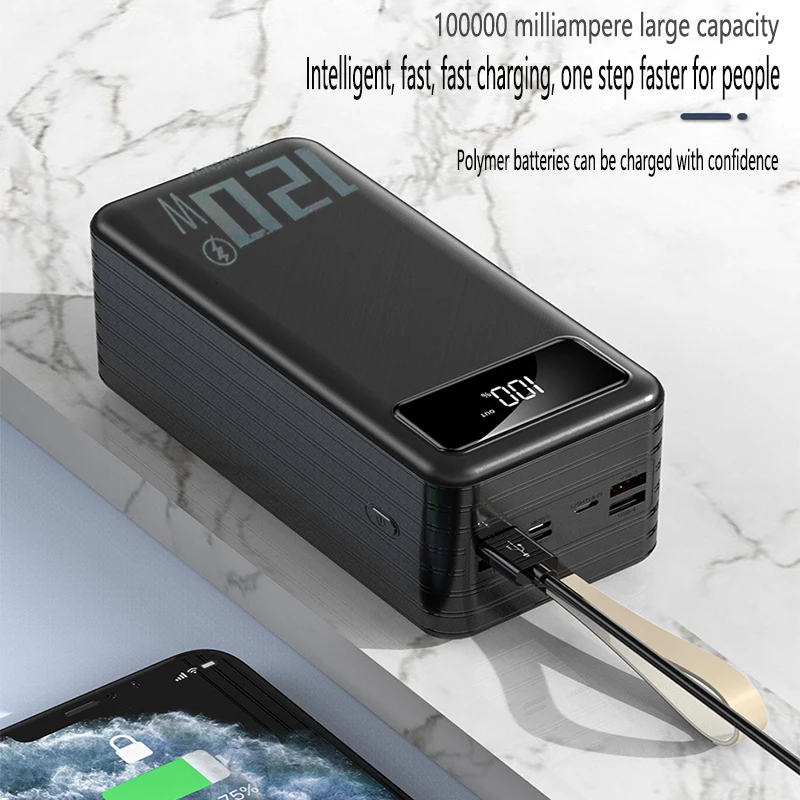 100Ah High Capacity Power Bank 120W Super Fast Charging Portable Charger External Battery Pack Powerbank for IPhone Huawei Phone