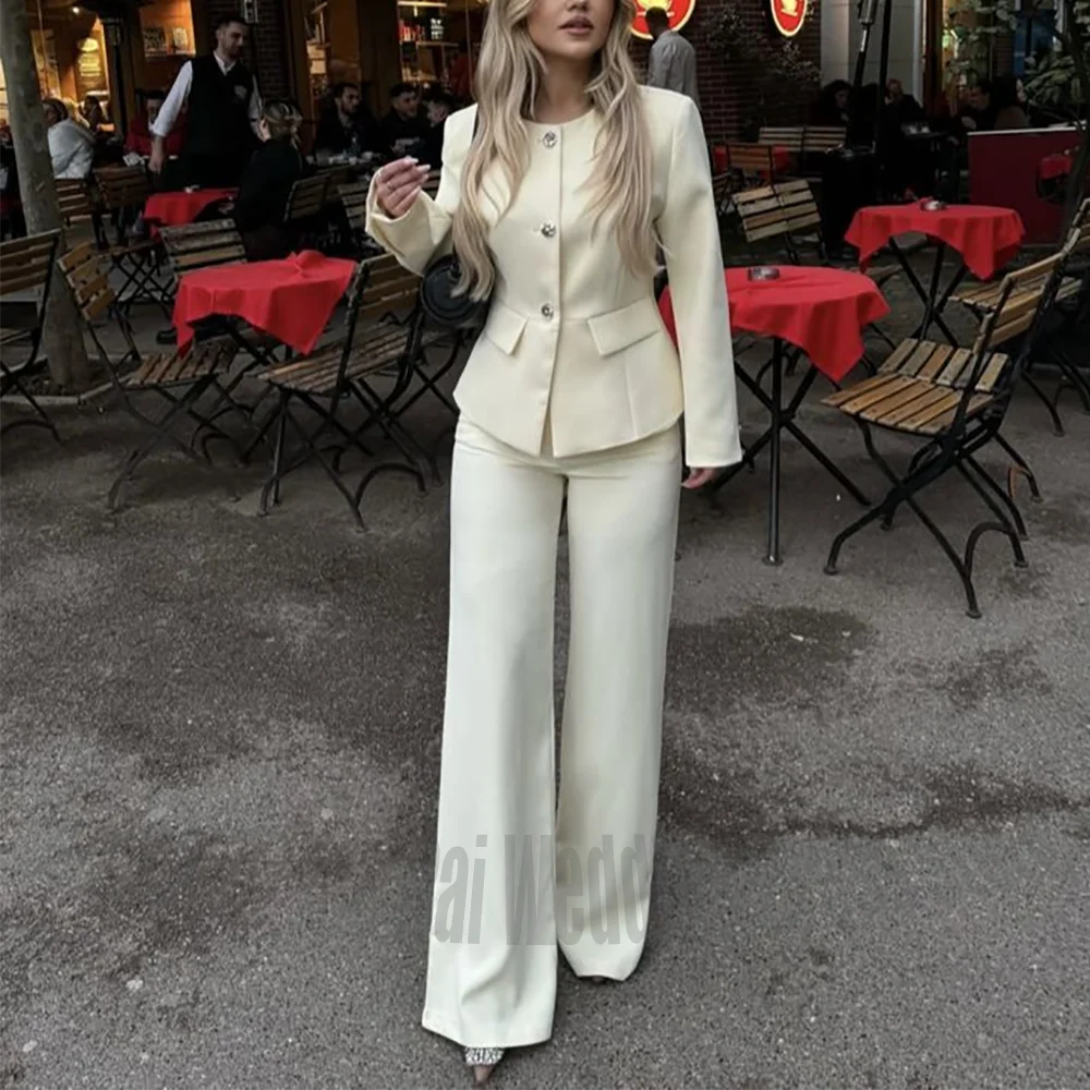 

Классический женский костюм-двойка с круглым вырезом: элегантный комплект для вечеринок и повседневной носки, однобортный, высококачественный, шикарный, с жакетом и брюками