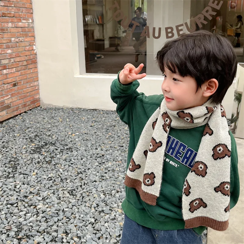 Cute Plaid Striped Bear Kids Scarf Korean Knitted Winter Warm Scarves Children Girl Boys Outdoor Cold-proof Neckcheif Shawl