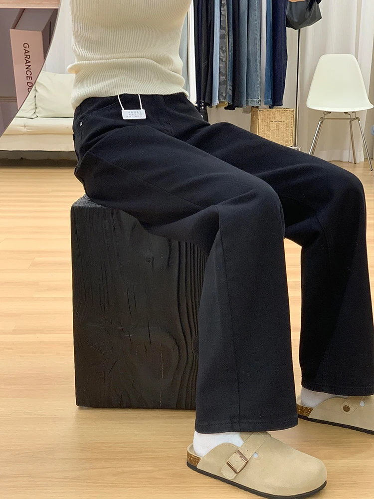 ハイウエスト ワイドレッグ ジーンズ レディース ルーズ カジュアル ストレート ルーズ スリミング フロアレングス パンツ オールシーズン ディープブルー デニム