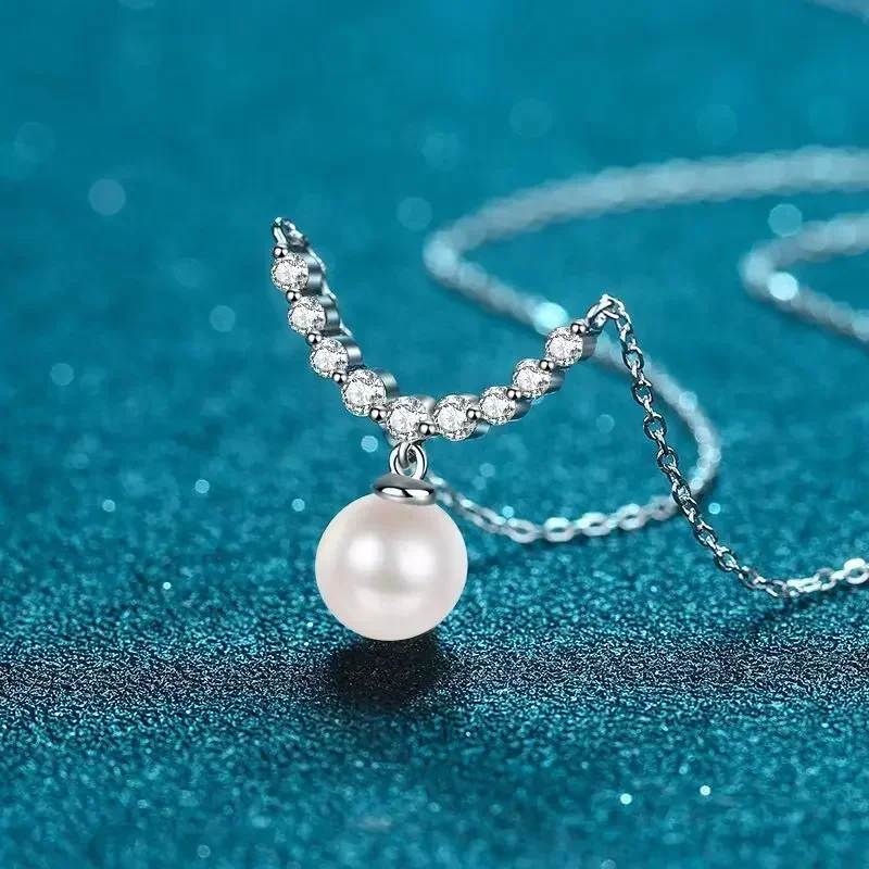 New Trendy Elegant PT950 Clavicular Chain Pendant, Moissanite 8-9mm Pearl Platinum Necklace for Women Wedding Gift Fine Jewelry