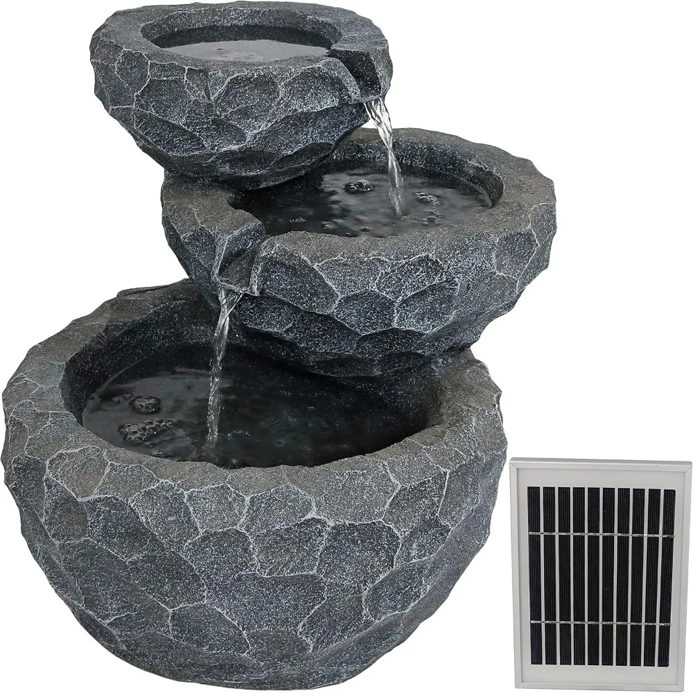 17-Inch 3-Tier Chiseled Basin Solar Fountain with Battery Backup - Submersible Pump - Polyresin 19