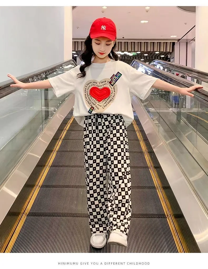2024 summer Girls clothes children set Kids HEART loose hoodie short t-shirt + checked wide leg pant 4 5 6 7 8 10 12 years teens